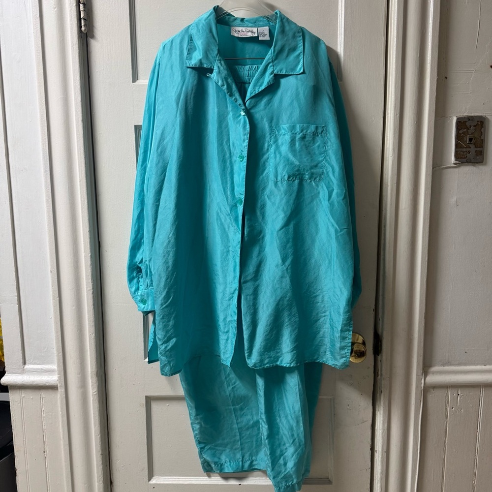 Diane Von Furstenberg Vintage Aqua Silk Blouse And Pants Size Large
